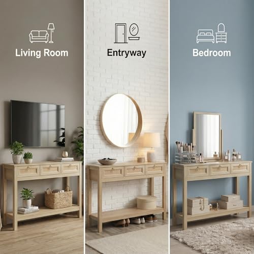 Image of Console Table for Entryway, 3 Drawers Console Table with Storage, Brown Wooden Console Table with Real Rattan & Gold Handles, Modern Console Tables for Living Room Decor, Bedroom, Hallway | DIY