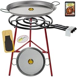 Paellero Con Ruedas COMBOI - Kit Paellero - Quemador gas butano 60 cm, paellera de 70 cm + paellera 42 cm, Soporte Patas reforzadas, nivel, delantal, libro de recetas digital