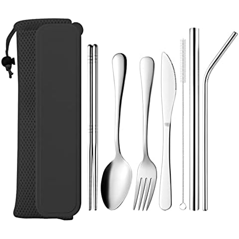 Dzmuero Stainless Steel Cutlery Set, 7 Pieces Camping Cutlery with Case Cutlery, Includes Fork Spoon Chopsticks Straw, for Home School Office Travel Cover