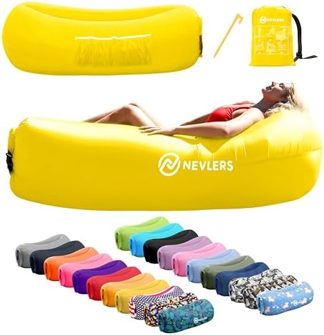 Nevlers Yellow Inflatable Lounger | 210T Polyester Air Couch | No-Pump Blow Up Chair | Inflatable Chair w/ 450lbs. Cap., Pockets & Matching Bag | for Use as Outdoor Inflatable Couch for Adults & Kids