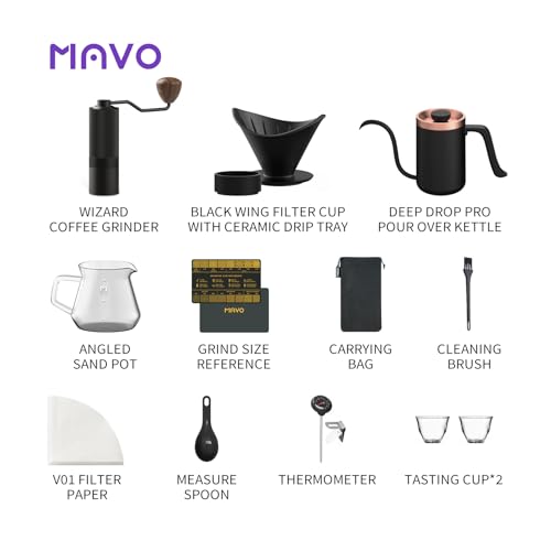 Image of MAVO Pour Over Coffee Maker Set, 12 in 1 Set Box, Manual Coffee Grinder, Pour Over Kettle, Ceramic Pour Over Coffee Dripper with Tray, Glass Servers, Coffee Cup, Paper Filter, Black