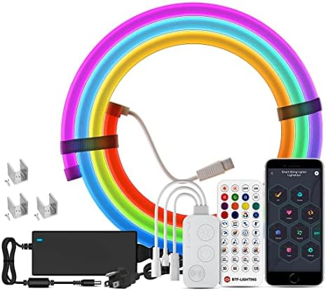 SEZO WS2811 LED Neon Lights 6.6ft/2m 84LEDs/m Waterproof Addressable Strip Dream Color Silicone Rope Lights for Gaming Indoor Outdoor Decor with Bluetooth Controller, 24V Power Supply