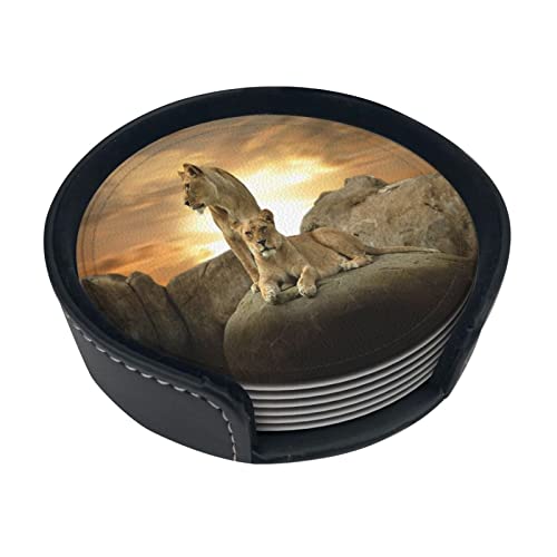 Lion d'Afrique, sous-Verres Ronds décoratifs sous-Verres Ronds en PU avec Support pour Tasse et Tasse