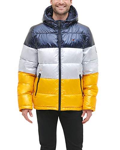 Tommy Hilfiger Herren Hooded Puffer Jacket Daunenalternativer Mantel, Perlglanz-Gelb/Marineblau, XL – Ansicht 5