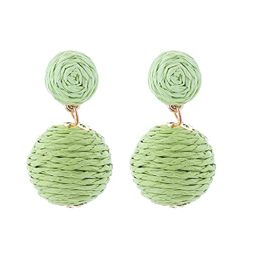 Bohemian Woven Rattan Straw Wicker Raffia Ball Drop Dangle Earring for Women Handmade Lightweight Statement Geometric Round Earring Retro Boho Summer Beach Jewelry-N green-1