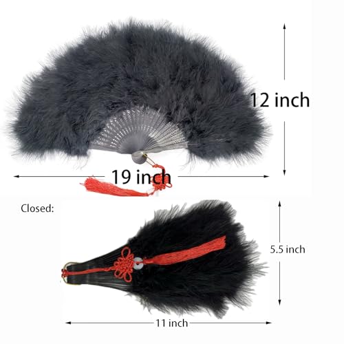 Happy Feather Handheld Marabou Feather Fan, 1920s Vintage Style Flapper Hand Fan for Costume Party and Dancing-Black