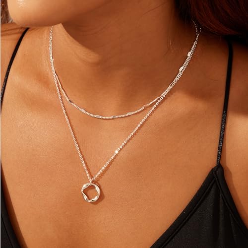Poxtex Silver Layered Necklaces For Women,925 Sterling Silver Dainty Stackable Choker Necklaces For Women,Trendy Layering Circle Paperclip Chain Pendant Necklace Set Jewelry Gifts For Women thumb #3