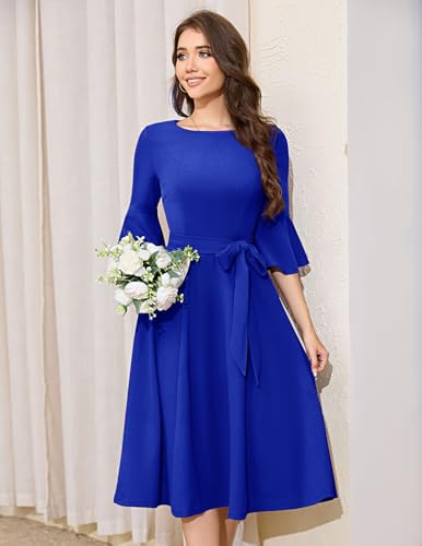 Image of HomRain Women's Church Dresses Modest Bell Sleeve Wedding Guest Cocktail Tea Party Vintage Evening Dress