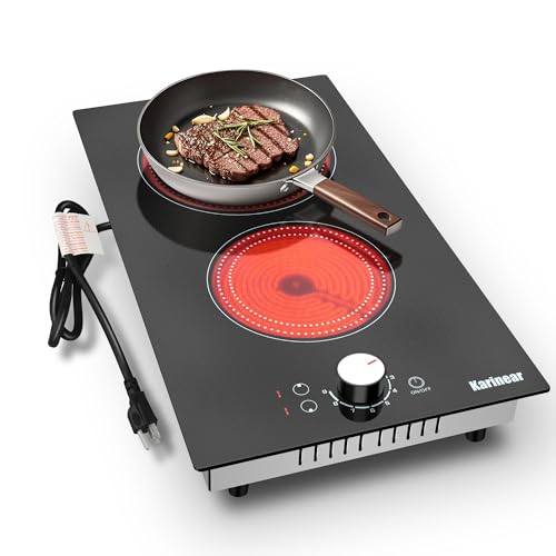 Image of Karinear 110V Electric Cooktop 2 Burners, 19 Inch Electric Stovetop Knob Control, 110v Outlet Plug, Countertop Use or Built-in Radiant Ceramic Cooktop, 9 Power Level