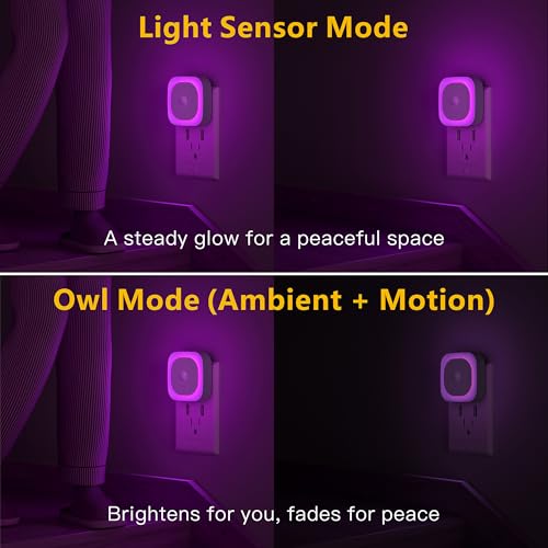 Image of YUNLEX 2 Pack Plug in Night Light with Motion Sensor & Dusk to Dawn Sensor, 3 Sensor Modes, Purple Lights Plug into Wall, Dimmable Calming Glow for Meditation, Relaxation, Bathroom