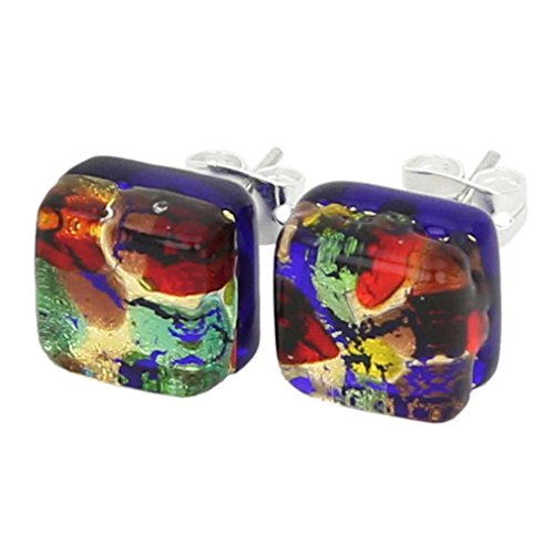 Pendientes de cristal de Murano de Venecia con cuentas italianas trabajadas con lámparas. Pendientes Cuadrados Multicolores de Vidrio Soplado Hechos a Mano - Pendientes de Cristal de Murano para Mujer
