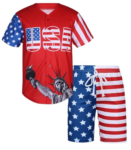 Image of Kids American Flag Patriotic USA Baseball Jerseys Statue of Liberty USA Eagle Sports Shirt & Shorts Outfits
