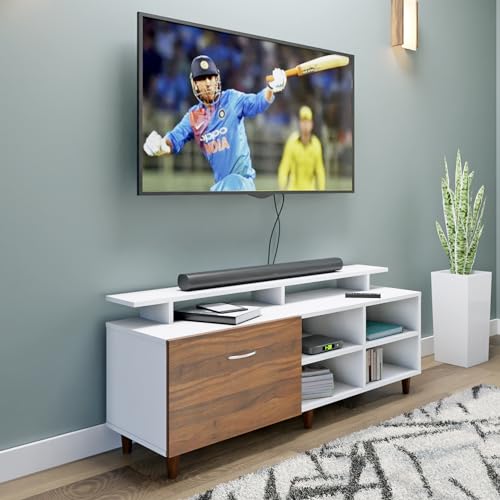 Image of VIKI Modern TV Unit for Living Room | Engineered Wood TV Cabinet with 1 Drawer Storage, 2 Open Shelves & Extension, Entertainment Unit, 140W x 48H x 40D cm | DIY | 1 Year Warranty (White & Walnut)