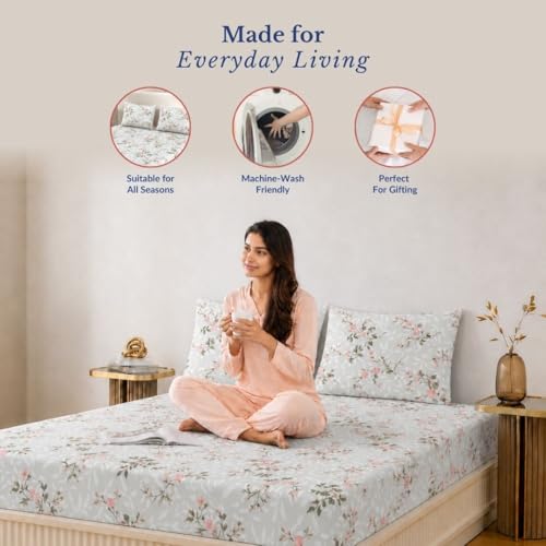 Image of Jaipur Weaves King Size Elastic Fitted Bedsheet, 100% Pure Cotton King Size Fitted Bedsheet for Double Bed with 2 Pillow Covers, 240 TC, 72x78 Inches up to 8-inch Mattress, Floral (Spring Tulips Grey)