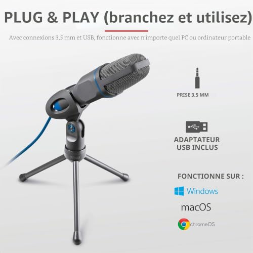 Trust Mico Microphone PC à Condensateur, Micro de Studio USB, pour Ordinateur de Bureau ou Portable, avec Support Trépied, pour Chanter, Enregistrement, Twitch, Streaming, Youtube, Podcasts, Skype