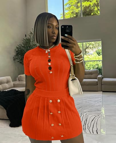 Image of Two Piece Outfits for Women Summer Going Out Knit Crop Tops Pleated Mini Skirt Sets Short Sleeve Mini Dress