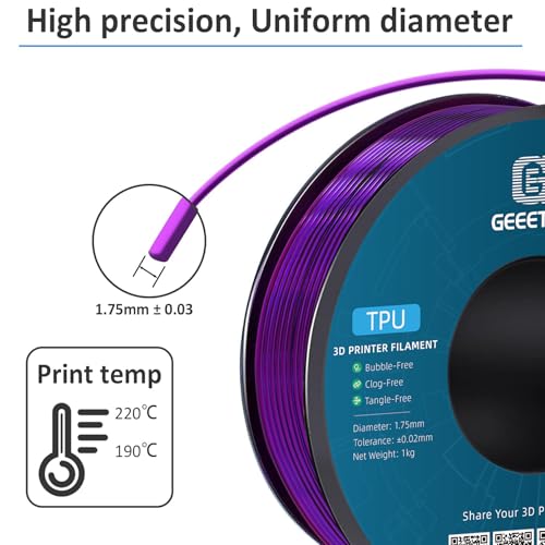 Image of Geeetech TPU Filament 1.75mm, Shore 95A Flexible 3D Printer Filament with High Elasticity, 1KG (2.2lbs) Spool, Dimensional Accuracy ±0.03mm, Fits Most FDM Printers (Clear Purple)