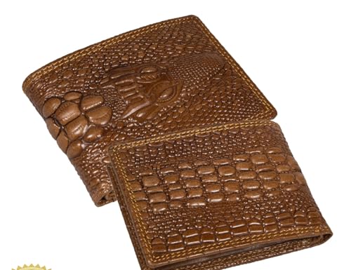 Image of Men's Top Grain Leather Wallet with Crocodile 3D Print | 8 Card Slots Bifold Wallet | RFID Protected (Tan)