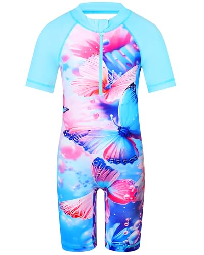 Image of TFJH E 1PCS Girls Short Sleeve Swimsuits UV 50+ Bathing Suits Sunsuits Zipper 2-14Y
