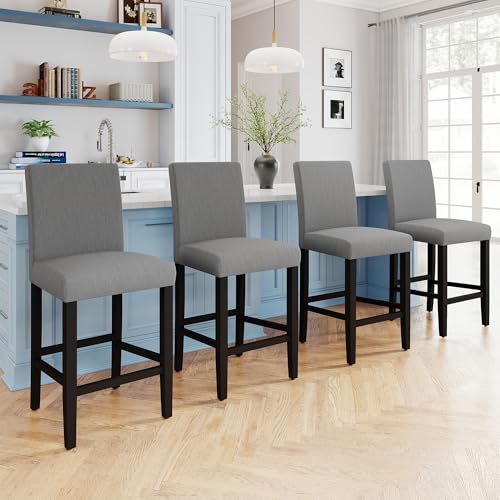 LSSPAID Counter Height Bar Stools Set of 4, 24.8 Inch Upholstered Fabric Barstools, Modern Kitchen Island Chairs with Backrest and Solid Wood Legs, Grey