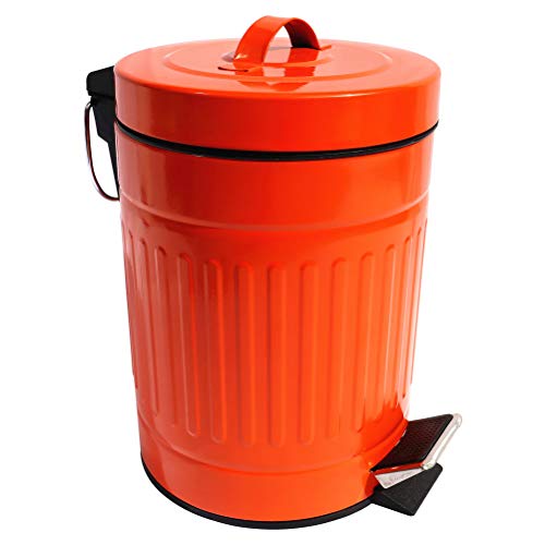 Mini Metal Pedal Bin, Round Step Pet Trash with Lid and Handle, Small Garbage Can Wastebasket for Narrow Spaces at Home, Car or Office, 0.8Gal/3L, Orange