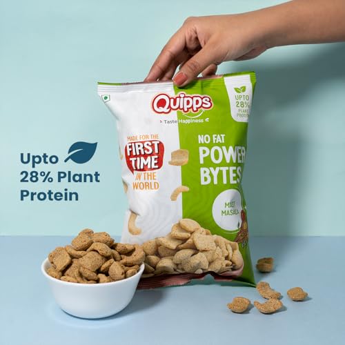 Image of Quipps No Fat Power Bytes - Mast Masala | 60g | High-Protein Puffed Snack | Up to 28% Plant Protein | Inherent Fat Up to 4% | Gluten-Free | Non-Fried | Crunchy, Healthy Multigrain Tea-Time Office Snack | No Preservatives | Patent Applied