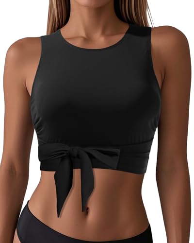 Crop Top Swim Bathing Suit - Women Bikini Swimsuit Top High Neck Bra Tie Knot Top Only 2025