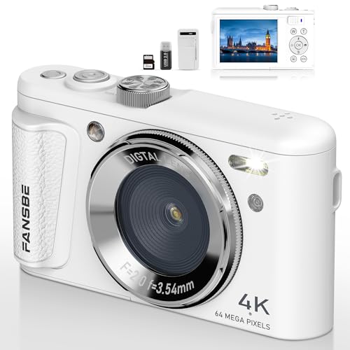 Image of Fansbe Smart Digital Camera, 4K Vlogging Camera with 64MP, Point and Shoot Digital Cameras with 18X Zoom, Anti-Shake, Mode Dial, 32GB SD Card, Card Reader, Charger, Compact Small Cameras, White