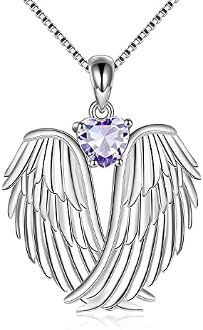 YAFEINI Angel Wings Birthstone Necklace 925 Sterling Silver Guardian Angel Pendant Necklace Wings Birthstone Jewellery for Women Girls Christmas Gifts