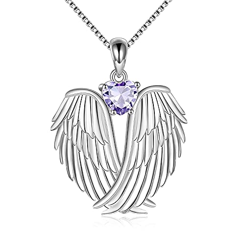 YFN Angel Wings Necklace 925 Sterling Silver Guardian Angel Wings Pendant Birthstone Necklace for Women Jewelry Gifts, Sterling Silver, Cubic Zirconia