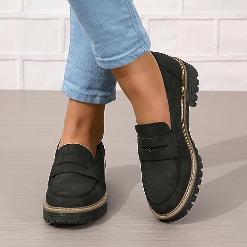 Image of Womens Loafers Slip On Casual Chunky Platform Heel Loafers Classic Penny Dressy Comfy Business Work Shoes Green Beige Black Red US5-11