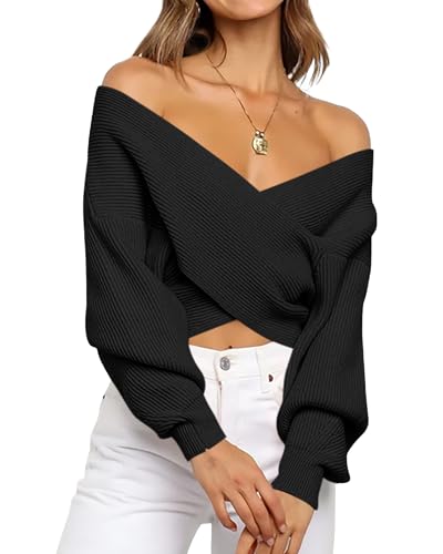 BTFBM Off The Shoulder Sweater for Women Winter Fall Fashion 2026 V Neck Long Sleeve Ribbed Knit Wrap Cropped Sweaters(Black, Large)