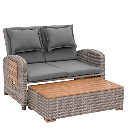 Greemotion Rattan-Lounge Bahia Tobago, Gartensofa mit Bettfunktion, inkl. Hocker, Grau, Holzfarben