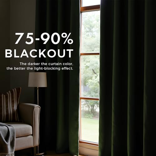 Image of PRIMROSE Emerald Olive Green Velvet Curtains 63 inch Long for Living Room,Set of 2 Panels Blackout Rod Pocket Back Tab Window Treatment Room Darkening Heavy Decorative Curtains Drapes for Bedroom