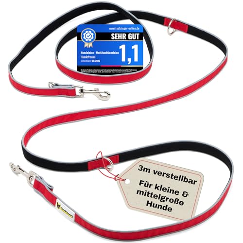 Hundefreund Correa multifunción 6 en 1 – Correa ajustable para perros de 3 m para perros pequeños y medianos con 3 anillos. Correa reflectante para el cuello, correa y correa para el hombro en uno