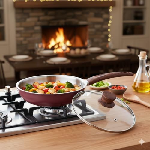 Image of The Better Home 2.5mm Triply Aluminium Coated Fry Pan (1.5L-22cm) with Glass Lid | Gas & Induction Fry Pan for Deep Frying (Red)