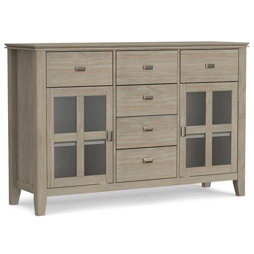 SIMPLIHOME Artisan Buffet - 54 inch Wide Solid Wood 3-Door Sideboard Buffet in Distressed Grey, Transitional Storage Cabinet for Dining Room or Kitchen with Adjustable Shelves and Bronze Hardware