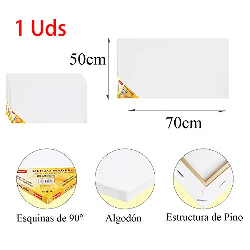 Lienzos 50 x 70 cm de 100% algodón apto para óleo, acrílico y mixto, pre-estirado, color BLANCO. Libre de ácido.