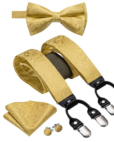 Image of Dubulle Suspender and Bow Tie for Men Paisley Solid Mens Suit Braces Pretied Bowtie and Handkerchief Cufflinks Formal Wedding