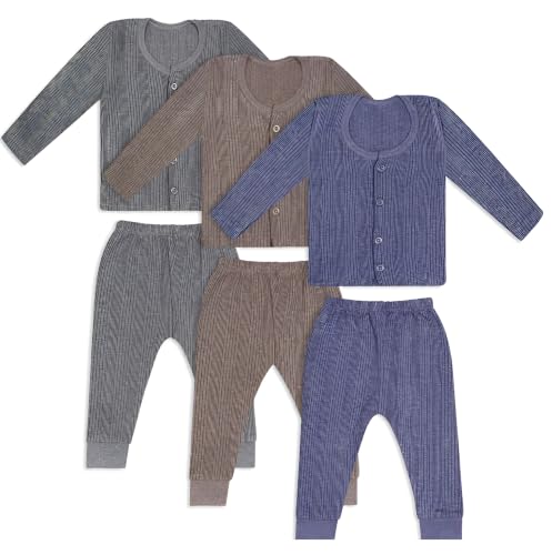 Image of TIXY Baby Thermal Wear Set Pack of 3 for Boys & Girls | Full Sleeve Cotton Rich Winter Innerwear Top & Bottom Set | Soft Warm Ribbed Thermals for Infants & Toddlers