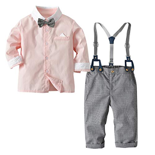 Baby Boys Formal Outfits Gentleman Suspender Outfits Soft Cotton Tuxedo Wedding Long Sleeve Rompers Bowtie Comfortable Jumpsuits Set 2-3T 4PCS Pink