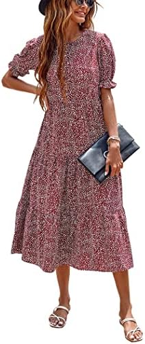 PRETTYGARDEN Women's Summer Casual Boho Dress Floral Print Ruffle Puff Sleeve High Waist Midi Beach Dresses (Red White,Medium)