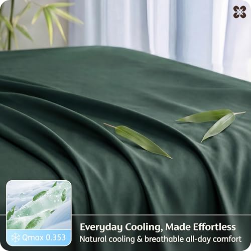 Image of Bedsure Queen Sheet Set, Rayon Derived from Bamboo, Cooling Sheets, PureWoven, Breathable & Soft, Deep Pocket Up to 16 Inches, Hotel Luxury Silky Bedding for Hot Sleepers, Forest Green