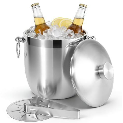 Stainless Steel Ice Bucket, 3L Double Wall Insulated Ice Bucket with Lid and Tongs, Keeps Ice Cold Longer, for Wine, Champagne & Cocktails, Parties & Drinks