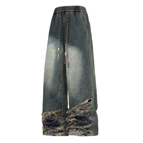 Mens Distressed Patchwork Jeans Vintage Baggy Hip Hop Drawstring Denim Pants