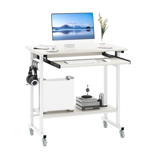 COSTWAY Mesa Escritorio con Ruedas, Escritorio Industrial con Bandeja Extraíble para Teclado, 3 Ganchos, Estante de Almacenamiento, Mesa de Ordenador 80 x 50 x 78 cm (Blanco)