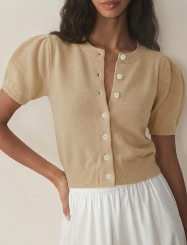 Image of Womens Puff Short Sleeve Cardigan Sweaters Cropped Button up Lightweight Y2k Knit Summer Cardigans