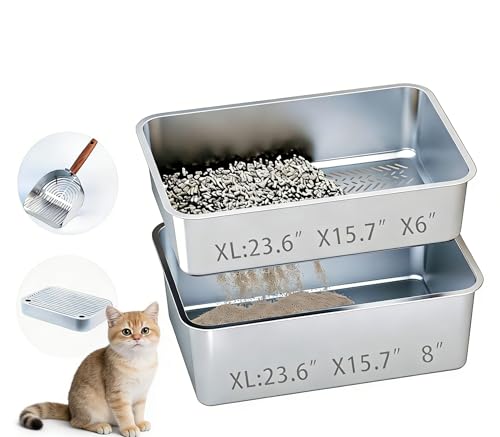 TOPOmerice Stainless Steel Cat XL Litter Box with Sifting Tray Double Layer Metal Litter Box for Pine Pellets 23.6 15.7 8 High Sided Kitty Litter Box for Cats Easy to Clean No Odor