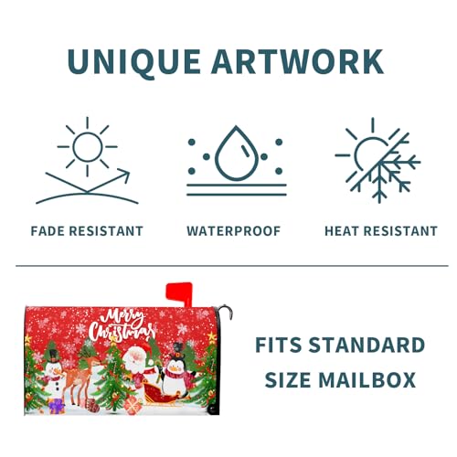 Image of Merry Christmas Mailbox Cover, Magnetic Standard Size 25.5x21 Inch, Xmas Trees Santa Claus Snowman Reindeer Penguin Mailbox Wrap Post Cover for Garden Yard Outdoor Home Hew Year Decor