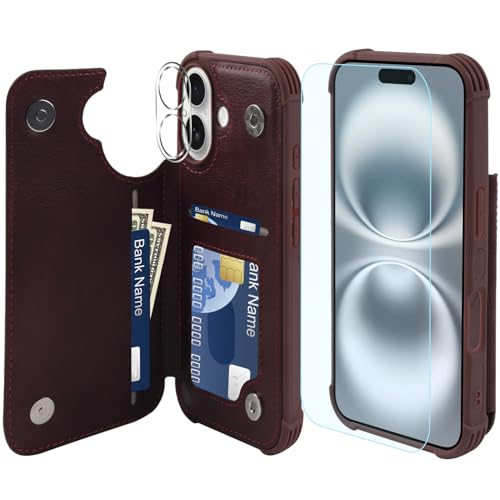 VANAVAGY Compatible for iPhone 16 Wallet Case with Credit Card Holder,RFID Block Leather Flip Folio Phone Cover Fits Magnetic Car Mount and Stand with Screen Camera Protector,Burgundy